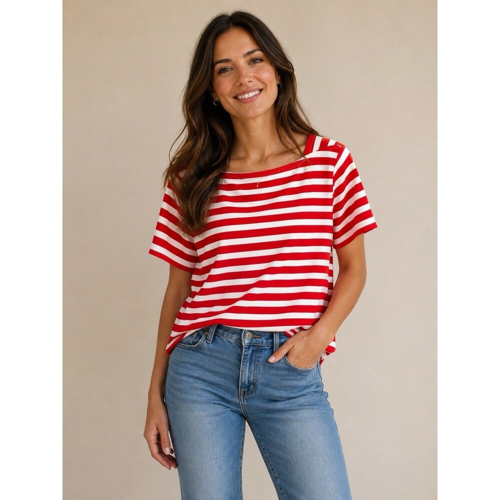 Liz Claiborne Women's Red White Striped Knit Crew Neck Stretch T-Shirt XXL